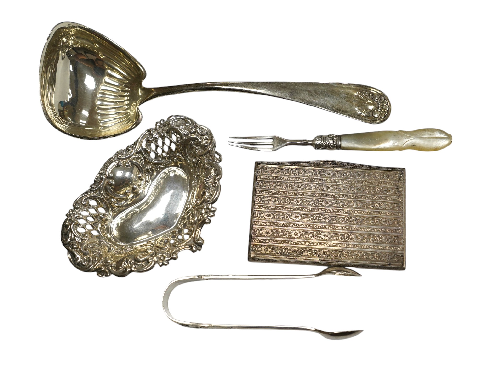 A group of German 800 and other white metal cutlery, an 800 card case, silver bonbon dish, match sleeve and minor silver flatware. Condition - poor to fair